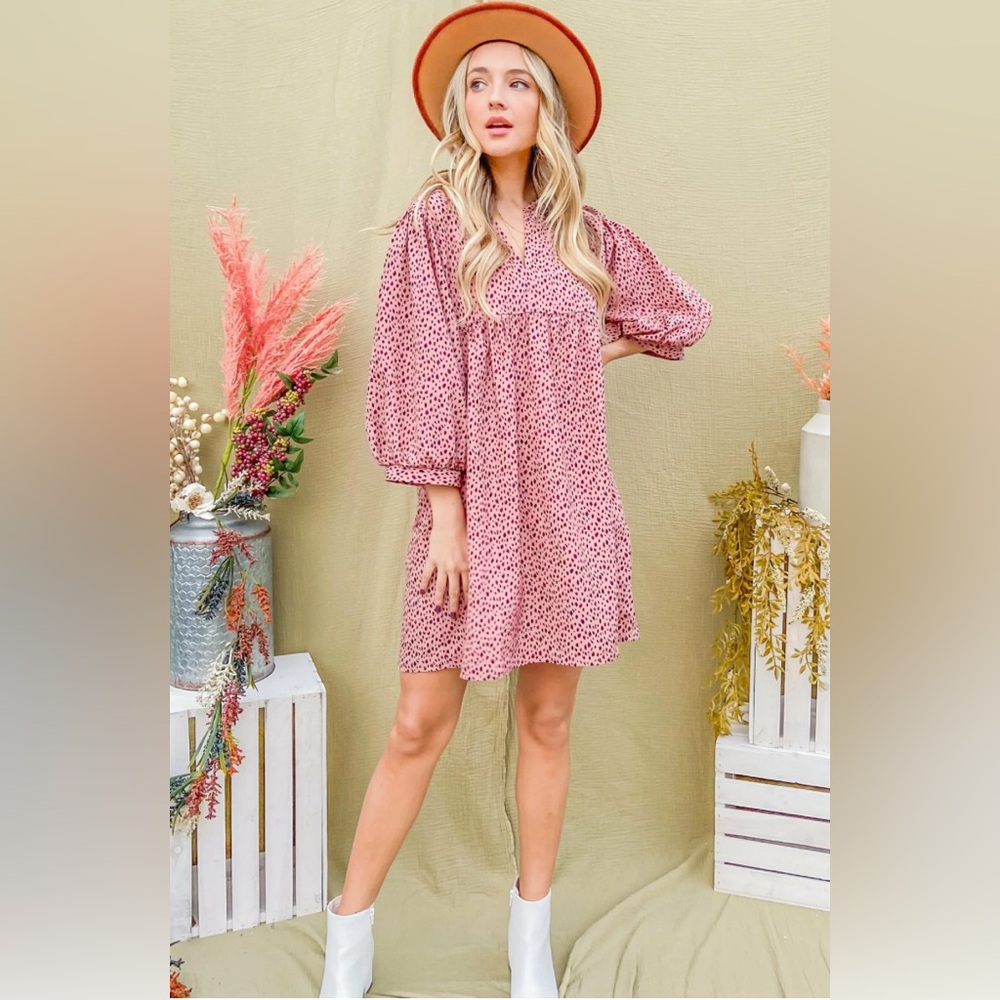 ANDTHEWHY Boutique Pink Leopard Print Babydoll Balloon Sleeve Dress Size M NWT